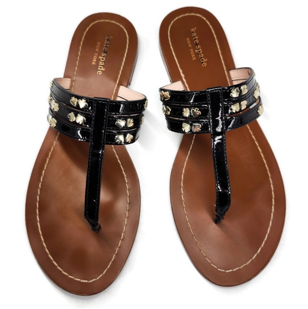 Kate Spade Carol Black Patent Leather Gold Spade Studs Slide-On Thong Sandals - Picture 5 of 11